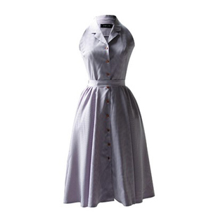 复古格子V领无袖衬衫裙 收腰显瘦知性连衣裙紫色女大摆伞裙夏新款