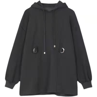 春秋中长款宽松显瘦连帽卫衣裙女慵懒风炸街长袖百搭气质时髦黑色