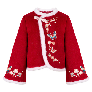 LittleNaive女童新中式刺绣红色羽绒拜年服冬季新款儿童保暖外套