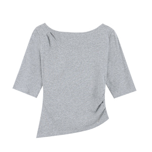 pusumede 纸片人tee 船领中袖/长袖T恤女褶皱修身五分袖针织上衣