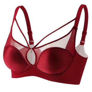 胸前交叉内衣女红色结婚新娘小胸聚拢上托本命年文胸无痕性感胸罩