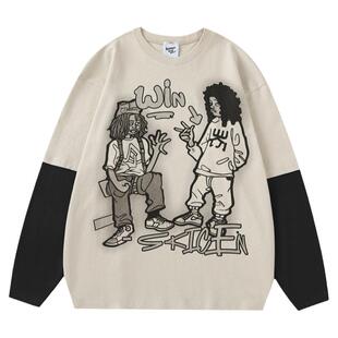 From Mars 到底在拽什么 潮牌卡通人物印花卫衣假两件宽松长袖T恤