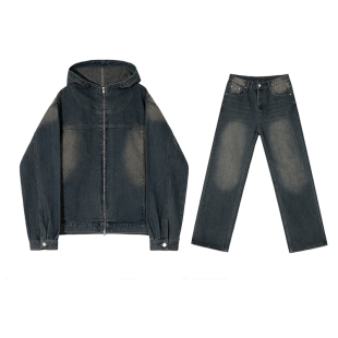 MRCYC复古做旧连帽牛仔夹克男士春款直筒牛仔裤韩系时尚牛仔套装