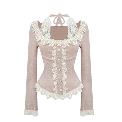 Lazy Didi柔柔午后 320g高克重假两件蕾丝打底木耳边百搭挂脖t恤