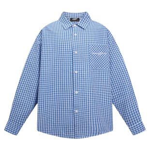 404MOB美式刺绣蓝色格纹长袖衬衫薄男女秋季潮牌复古休闲外套上衣