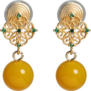 无耳洞复古新中式黄色玛瑙蚊香盘耳夹绿锆蕾丝花边耳钉女耳饰