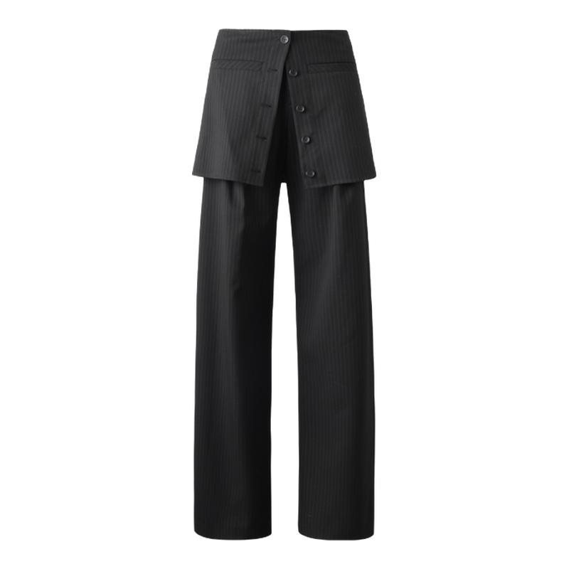 ourhour 假两件拼接 黑白条纹裙帘宽松弯刀西装裤 女秋设计感长裤