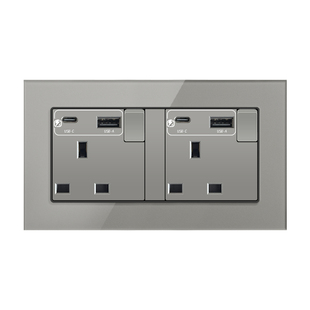 港澳国际通用多功能/英标带USB-C快充18W墙插开关暗装灰色玻璃