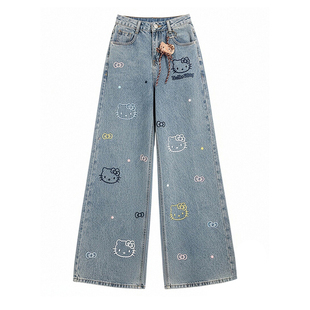 2026春季新款胖mm大码kt卡通猫刺绣牛仔裤女高腰宽松显瘦阔腿裤子