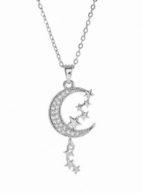 新款设计感小众钛钢镶钻星月项链