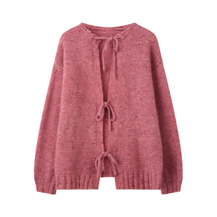 BLUEerror 全羊毛正反针系带圆领毛衣开衫女宽松保暖慵懒针织衫冬