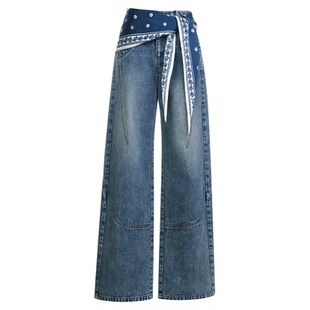 lefame拉飞姆2026春季新款磨白印花丝巾牛仔裤休闲长裤阔腿直筒女