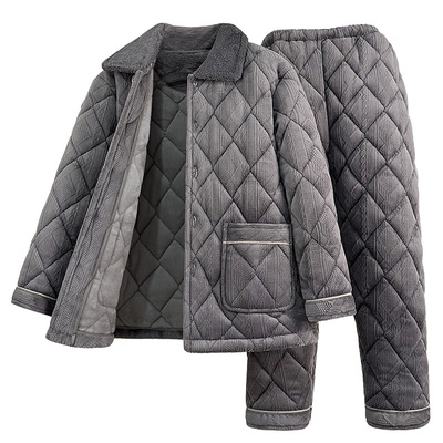 男士加厚睡衣牛奶绒剪花棉袄三层