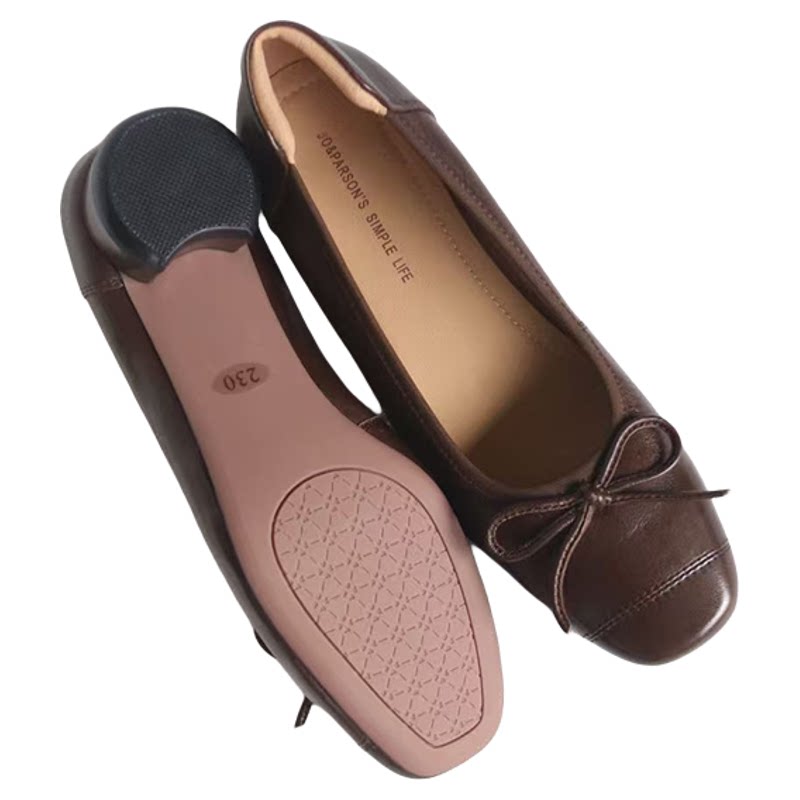 壹家shoes001039羊皮3cm方头气质女鞋粗跟蝴蝶结芭蕾通勤中跟单鞋