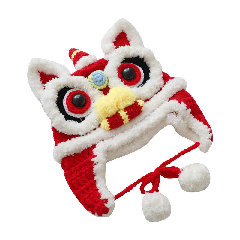 顶头上狮喜庆国风新年招财搞怪手工针织头套醒狮帽儿童亲子虎头帽