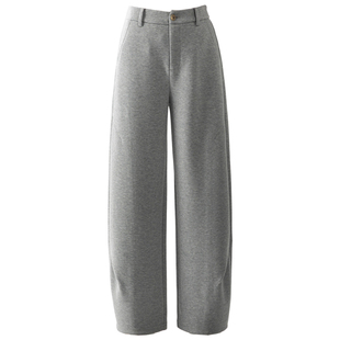 高端羊毛蚕丝灰色毛呢阔腿裤女2025新款冬季裤子休闲运动风弯刀裤