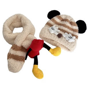 宝宝帽子秋冬季可爱米奇手掌婴儿毛绒帽围巾套装保暖男女童套头帽