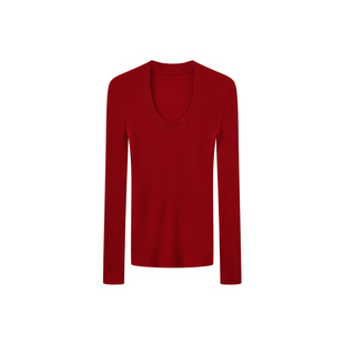 OWNSONG多巴胺无缝一体杨子美莉诺羊毛U领坑条针织衫女修身打底女