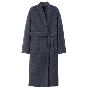 灰色长毛羊绒大衣女2025冬季新长款系带拉绒羊毛呢外套气质高级感