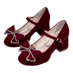 2025秋红色低跟订婚鞋新娘鞋秀禾婚纱两穿敬酒粗跟玛丽珍高跟单鞋