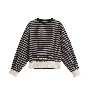 小小大星球童装 复古榉木条纹花边卫衣 春秋女童宽松百搭圆领上衣