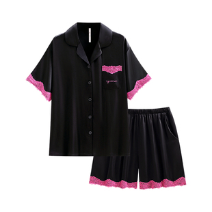 悦内睡衣女款夏季冰丝绸短袖短裤家居服夏款丝绸仿真丝黑色高级感