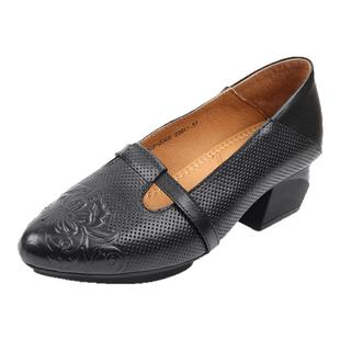 相伴真皮单鞋2025秋季新款羊皮中跟小皮鞋丁字鞋软底妈妈厚底女鞋