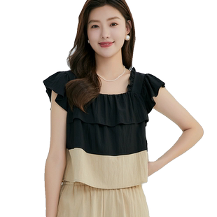 轩日2025商场夏装撞色短款上衣女新款法式荷叶边方领休闲短袖衬衣