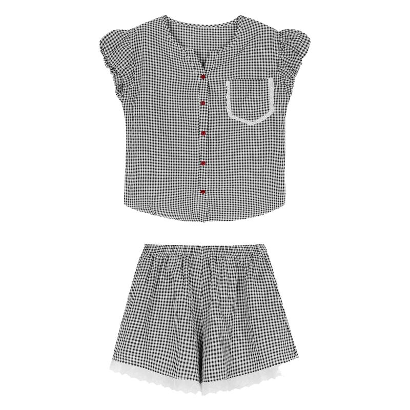 馨帮帮Homedress 夏季新款格子花边睡衣女休闲舒适外穿家居服套装