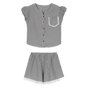 馨帮帮Homedress 夏季新款格子花边睡衣女休闲舒适外穿家居服套装