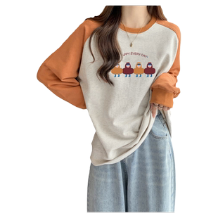 撞色插肩袖卫衣女春秋薄款百搭宽松显瘦复古chic港味加绒加厚上衣