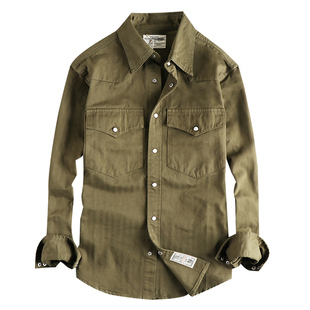 硬汉风美式复古人字纹梭织棉男款衬衫长袖 潮流百搭休闲工装衬衣