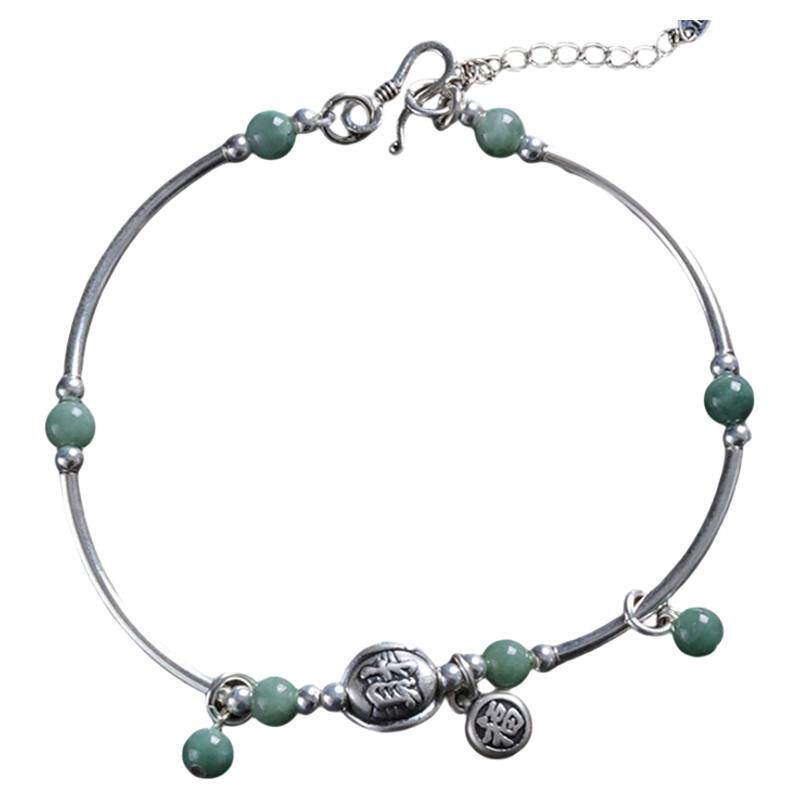 925银龟甲翡翠A货圆珠福牌弯管脚链女小众设计国风新中式复古饰品