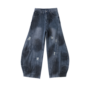 LAMLICKA做旧水洗破洞蓝色弯刀牛仔裤男款潮牌美式复古宽松阔腿裤