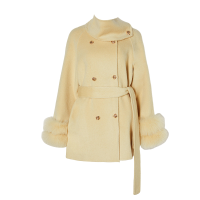 DPLAY2025冬季新款黄色翻领短款毛呢外套女收腰羊毛双面呢子大衣