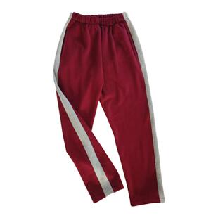 高中小酒红色学生校服裤子拼浅灰宽杠直口棉质校裤四季款支持定制