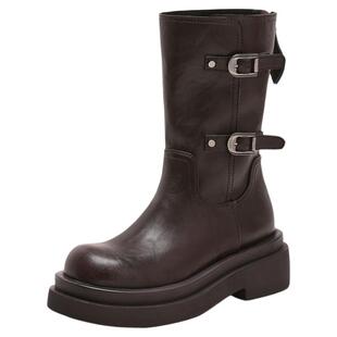 星期六厚底马丁靴女款2025新款冬季增高英伦机车中筒骑士黑色短靴