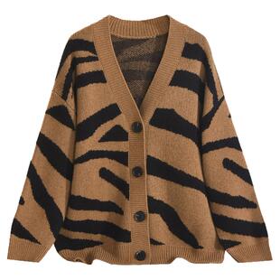 奥莱专柜品牌撤柜正品 HZ冬装新款 复古开衫慵懒风羊毛拼色毛衣女