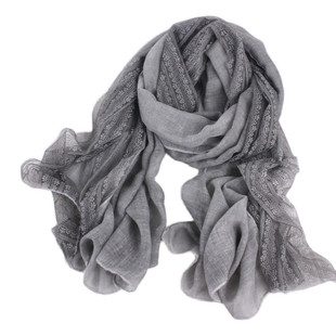 日系蕾丝拼接棉麻围巾女亚麻百搭秋冬款冬季薄长款纯色丝巾披肩