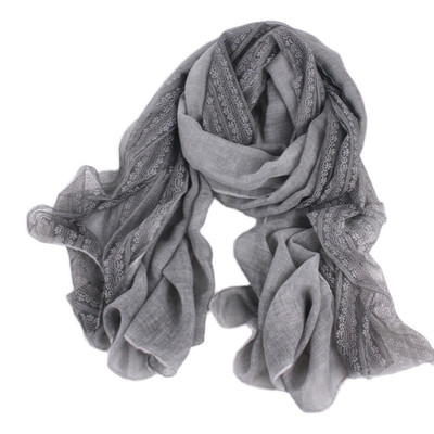 日系蕾丝拼接棉麻围巾亚麻薄长款