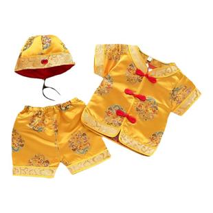 宝宝唐装中国风生日百天百岁喜庆装黄马褂2023夏短袖婴儿周岁服汉
