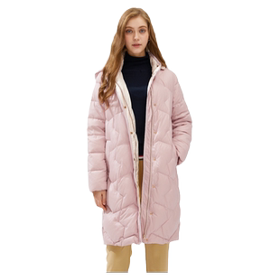 曼哈芙高端女装连帽羽绒服中长款冬季新款韩版宽松白鸭绒外套粉色