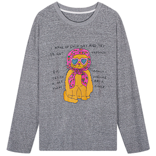 落落狷介 早秋超好看单穿上衣灰色长袖T恤女2025年新款印花小个子