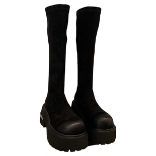 2026新款小个子增高不过膝长筒靴女松糕厚底粗跟绒面瘦瘦靴骑士靴