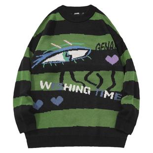 GENANX闪电潮牌套头圆领毛衣黑绿色百搭条纹提花新款男士针织衫