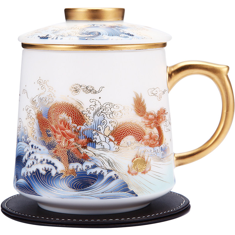 鎏金羊脂玉茶水分离高档办公杯