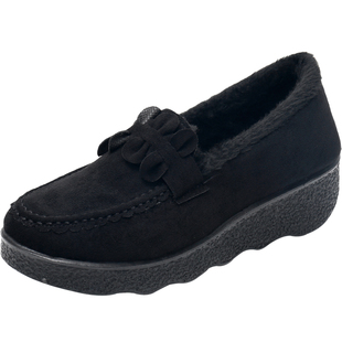 老北京布鞋秋冬加绒厚底松糕底坡跟豆豆女鞋黑色工作鞋保暖女棉鞋