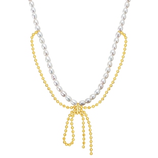 潮宏基小确幸s925银珍珠项链银饰套链双层蝴蝶结叠戴甜美生日礼物