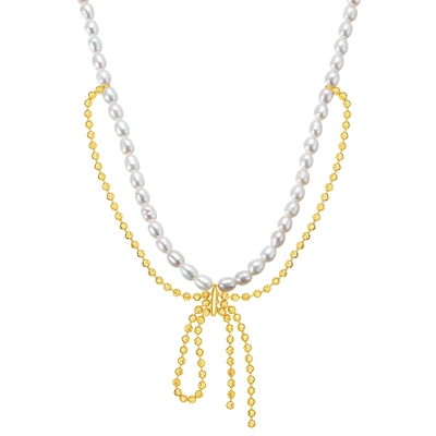 潮宏基s925银珍珠项链双层蝴蝶结