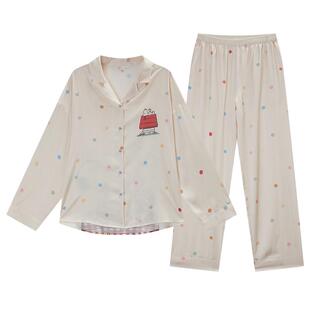 Gukoo/果壳情侣睡衣女春秋新款史努比防静电冰丝男款家居服套装C